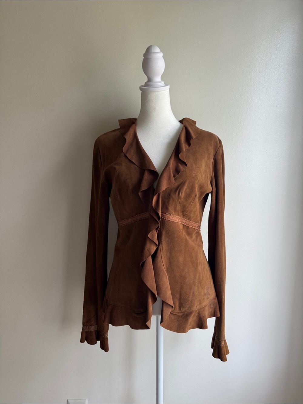 Express Brown Ruffled Genuine Leather Top